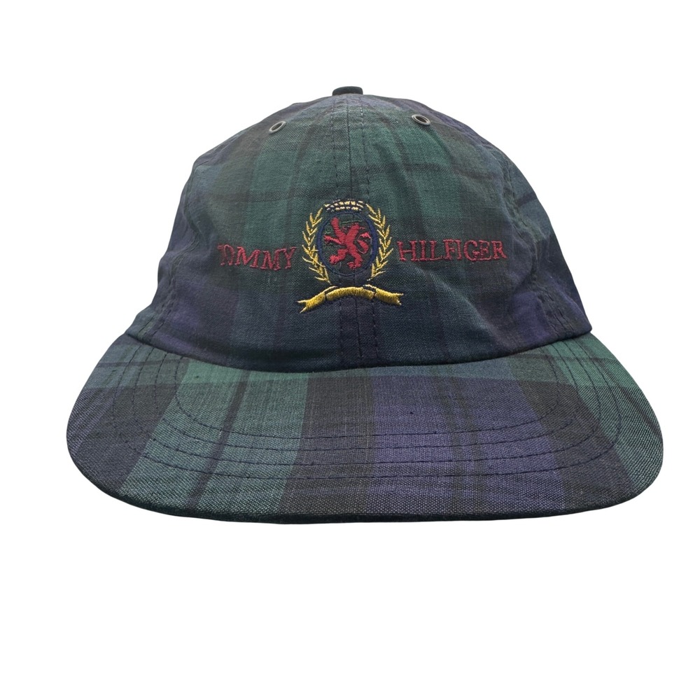 Vintage Tommy Hilfiger Black Watch Plaid Crest Hat Made in USA Leather Strapback